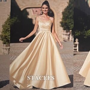 Stacees A-line V Neck Sleeveless Floor-Length Satin Prom Dress size 12 champagne